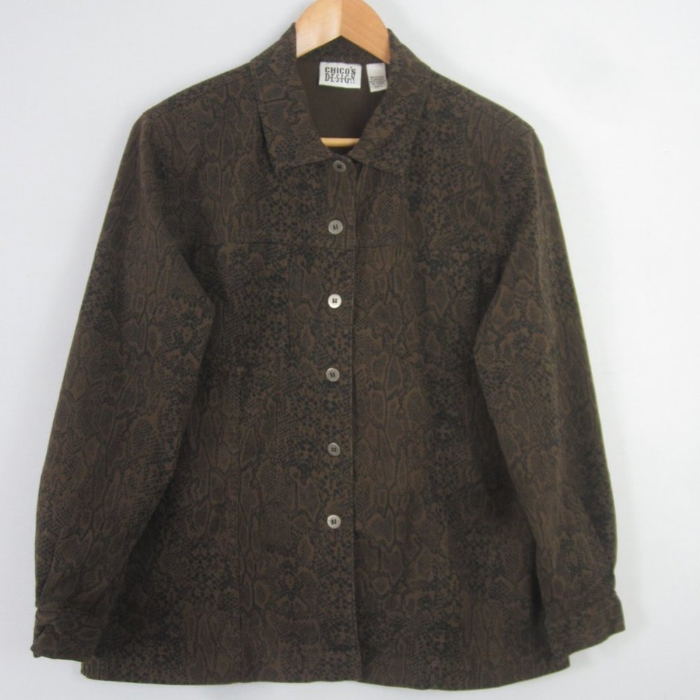 Chicos 2 Womens Large Brown Black Animal Print LS Jacket Shirt Jacket Cotton